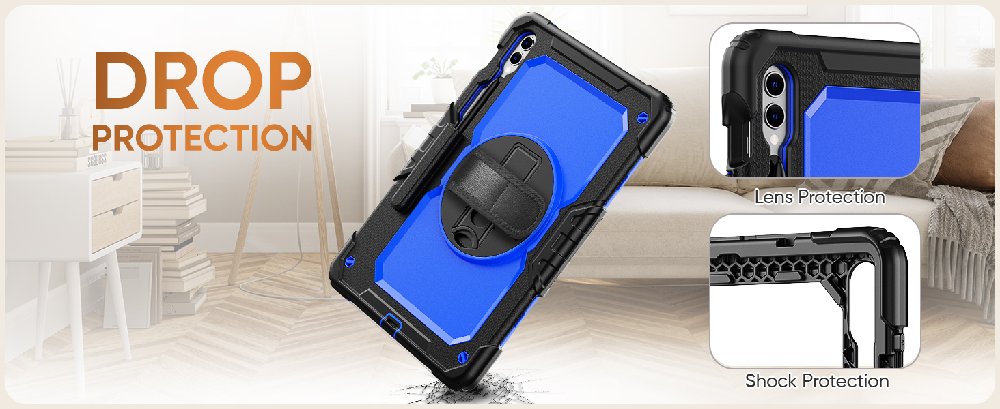 Text reads 'DROP' and 'PROTECTION'. Blue protective phone case being demonstrated in various positions showing impact resistance features.